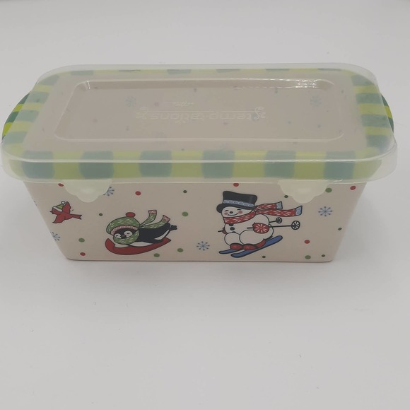 Temptations Holiday Snowman Penquin Ovenware Whimsy 12 oz mini loaf pan with lid - Picture 3 of 6